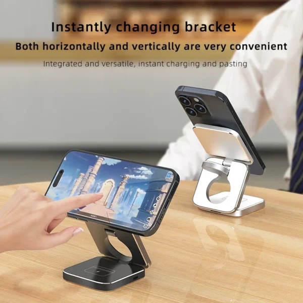 Qi2 Aluminum Alloy 3-in-1 Magnetic Wireless Charger, Foldable Stand for iPhone 16, 15, 14 Pro Max, AirPods, iWatch Fast Charger