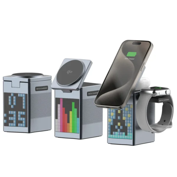 Bluetooth Speaker with 3-in-1 Wireless Charging Station, Qi2 Certified for MagSafe, Bedside & Desk Cube Charger with Alarm Clock