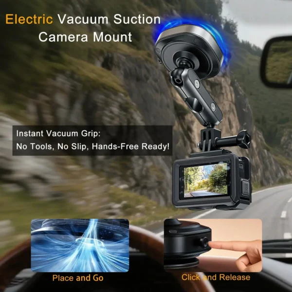 kf-S7937653ecc5a4473999a9855450868e9w Electric Suction Cup Camera Mount with 360° Ball Head Magic Arm, Three-Prong Claw Compatible with Various Sporting Cameras