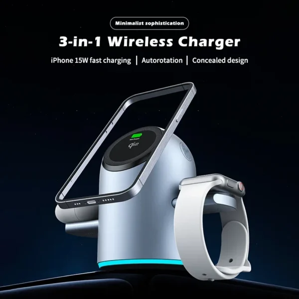 Qi2 15W 3-in-1 Auto-Rotating Magnetic Wireless Charger for IPhone 16/15/14 Pro Max & Apple Watch - Fast Charging Station