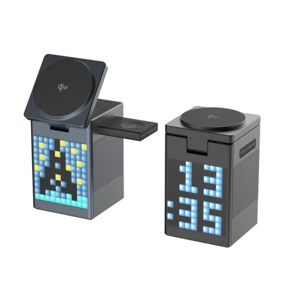 Bluetooth Speaker with 3-in-1 Wireless Charging Station, Qi2 Certified for MagSafe, Bedside & Desk Cube Charger with Alarm Clock