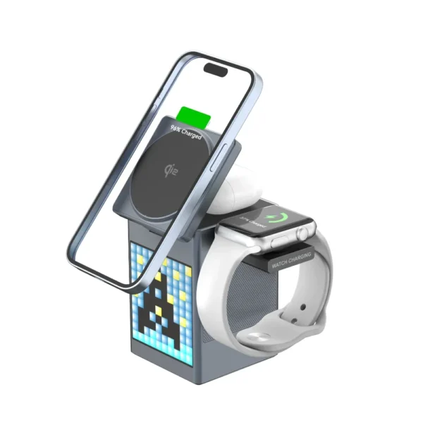 Bluetooth Speaker with 3-in-1 Wireless Charging Station, Qi2 Certified for MagSafe, Bedside & Desk Cube Charger with Alarm Clock